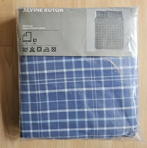 IKEA Alvine Rutor QUEEN Full Duvet Cover w Pillowcases Set BLUE Check Plaid - Picture 1 of 6