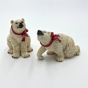 Set of 2 Vintage Resin Christmas Polar Bear Figurines w/Red Ribbon Collars - Picture 1 of 8