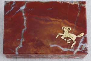 Vintage 1970s Swiss German Red Jasper 18k Gold Aries Zodiac Ram Jewelry Box 6” - Picture 1 of 12