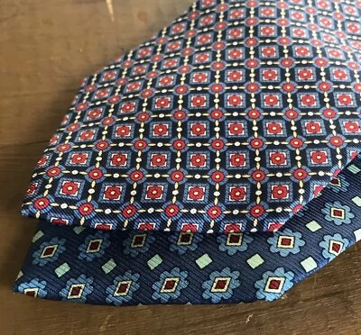 Vintage Gap Premium Silk Necktie Tie - Two Floral Geometric Blue Red USA Made - Image 1 of 4