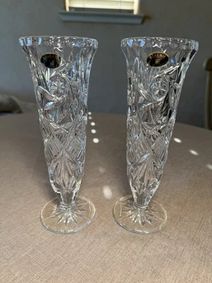 Bohemia Czech Lead Crystal Vase 8 Inch Tall Geometric Design Matching Pair - Image 1 of 4