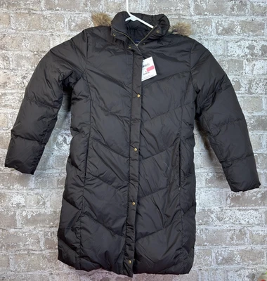 Lands End Down Coat Womens Small Brown Chevron Hooded Puffer Long Winter Parka - Image 1 of 4