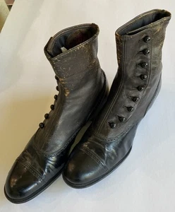 Black Button Up Ladies Boots Pointed 1800s Antique Victorian Watson Plummer - Picture 1 of 14