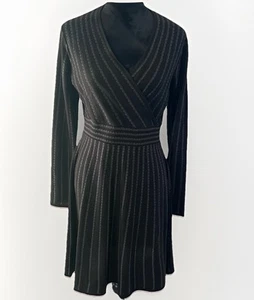 Dana Bachman Dress Long Sleeve V- Neck Black And Gray Stripe Women’s Large - Picture 1 of 7