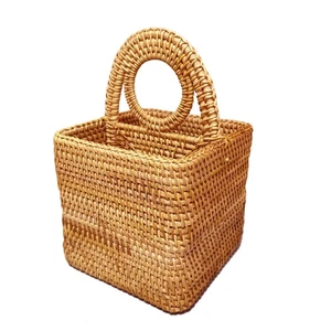 Handwoven Rattan Square 2-Compartment Storage Box Cosmetics Desk Organizer Ut... - Picture 1 of 8