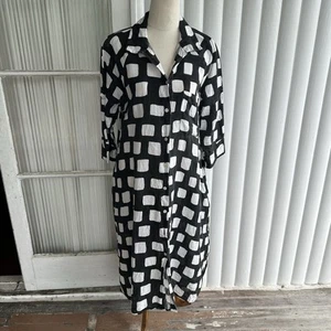Escape By OQ Linen Shirt Dress Womens 12 Black White Collared Button Up Midi - Picture 1 of 16
