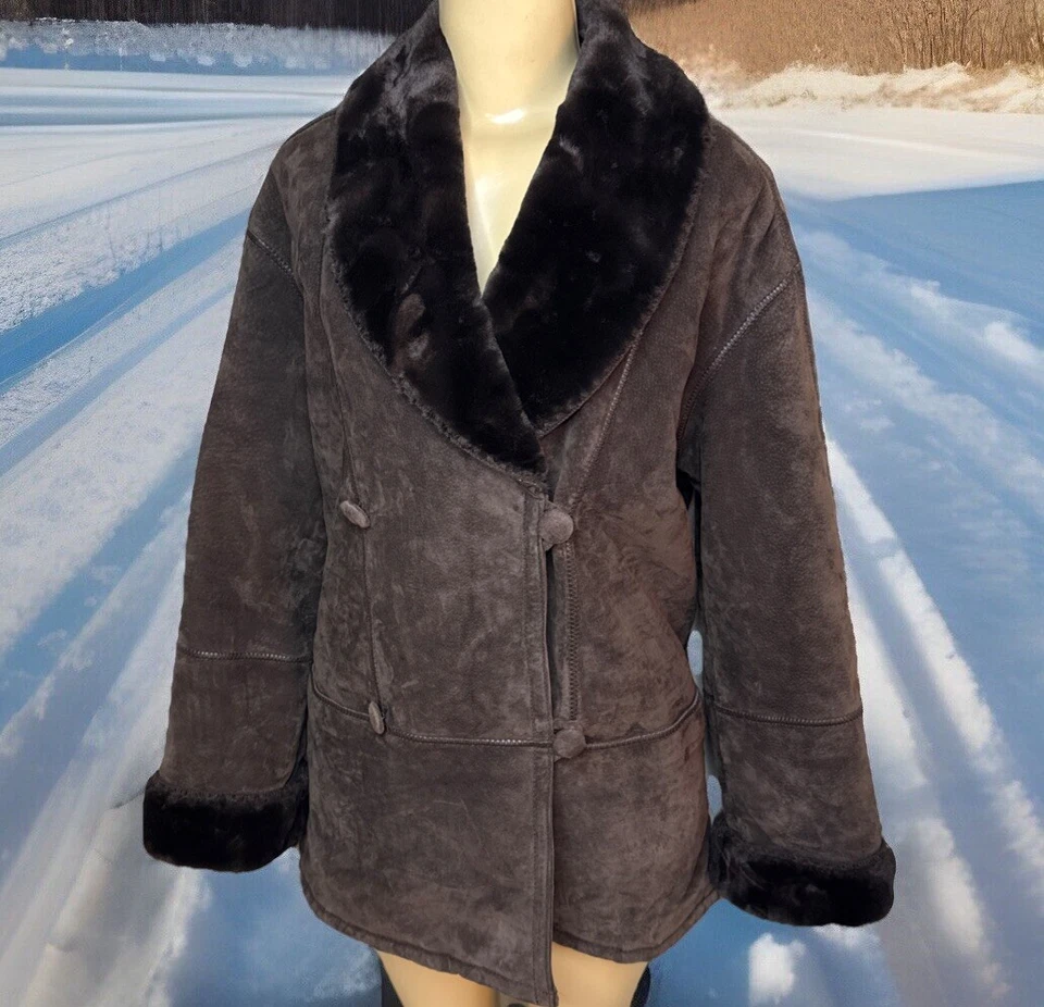 Abrigo chaqueta de cuero gamuza vintage J Percy Marvin Richards cuello de piel para mujer talla S Foto 1 de 4