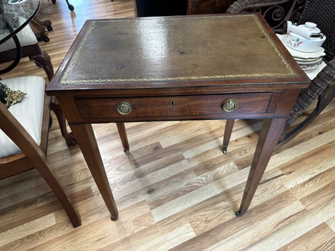 Early 19Th C English Hand Tooled Leather Top Writing Table One Draw  Cover