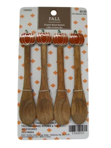 4 Piezas Otoño Otoño Rústico Granja Madera Cucharas Amarillo Diseño Calabaza 4.88" - Imagen 1 de 1