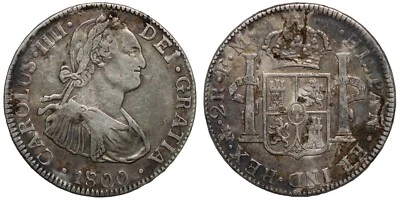 Серебряная монета мира Мексика испанская колония 1800 месяцев FM 2 реала Карлос IV КМ # 91 - Изображение 1 из 3