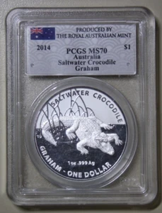 Australia 1 Dólar 2014 Plata 1 Onza #F5847 Salada Cocodrilo Graham PCGS MS70 - Imagen 1 de 8