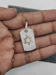 2Ct Round Lab-Created Star of David Dog Tag Pendant 14KYellow Gold Plated Silver - Picture 1 of 7