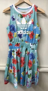 adidas Originals Girls Flower Trefoil Logo Skater Tank Dress Blue Floral Size L - Picture 1 of 4