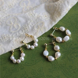Natural 7-8mm White Freshwater Baroque Pearl Dangle Stud Hoop Earrings PE357 - Picture 1 of 9