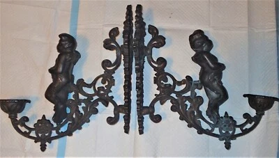 ANTIGUO PAR VICTORIANO HOGAR BRONCE QUERUBÍN LÁMPARA LUZ PARED ARTE SOPORTE URNA APLIQUE Foto 1 de 4