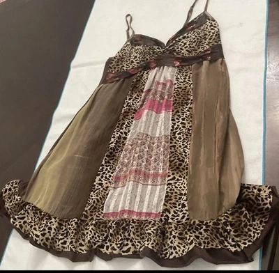 RARE Y2K Babydoll Milkmaid fairy Patchwork slip Mini dress Leopard Silk EUC Read - Image 1 of 4