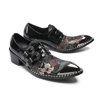 Pointed Toe Men's Real Leather Buckle Floral Cuban Heels Wedding Nightclub Shoes - Image 1 of 4