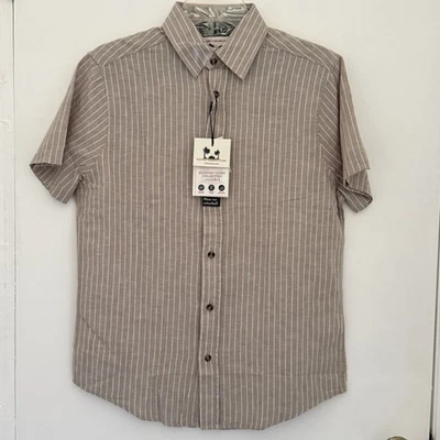 REPORT COLLECTION Shirt Men S Tan Strip S/Sleeve Line Blend Hawaiian Coastal NEW - Image 1 of 4
