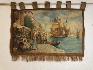 Vintage Trevor Haddon Hafenszene Wandteppich Wandbild handbemalt mediterran - Bild 1 von 9
