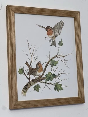 Framed European Robins Print by J.A Pulford Wildlife Art Oak Frame Handmade UK - Image 1 of 4