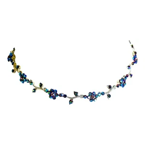 Dainty Iridescent Floral Choker Necklace Blue Purple Silver Tones - Picture 1 of 8