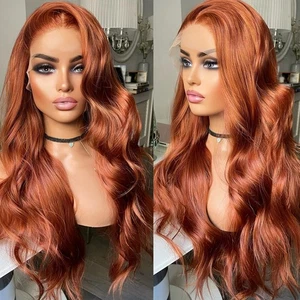Rojo Cobre Suave Encaje Frontal Pelucas Mujer Largo Ondulado Resistente al Calor Cabello Artificial - Imagen 1 de 8