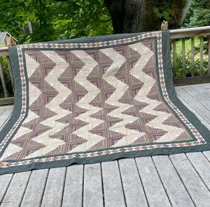 Vtg Log Cabin Queen Quilt & Pillow Shams Log Cotton Earth Tones By Patch Magic - Picture 1 of 12