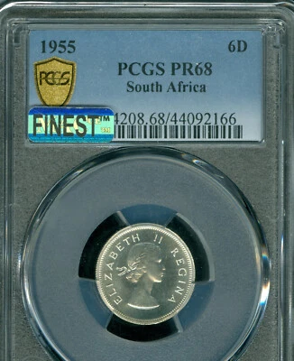 1955 SOUTH AFRICA 6 PENCE PCGS PR68 MAC FINEST GRADE & MAC SPOTLESS POP 4 * - Image 1 of 4