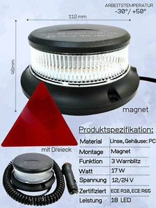 Pomarańczowa biała 18 LED okrągła lampa 3 wzory lampy błyskowej 12V 24V ECE E9 magnes z trójkątem - Zdjęcie 1 z 9
