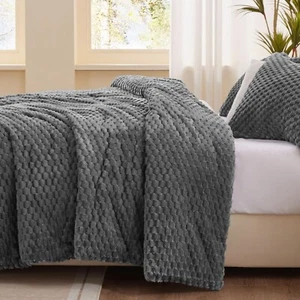 Fluffy King Comforter Set - Luxury Fuzzy Brushed Plaid Pattern Bedding Comfor... - Picture 1 of 6