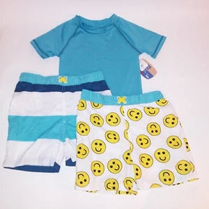 Lily & Dan Boys 3 Piece Swim Set XS Blue Yellow White Smiley Faces Rash Guard - Picture 1 of 5