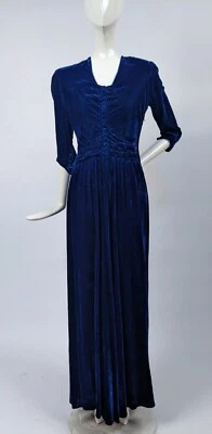 BEAUTIFUL 1930’S RICH RUCHED SAPPHIRE BLUE SILK VELVET DRESS W BUTTON TRIMS - Image 1 of 4