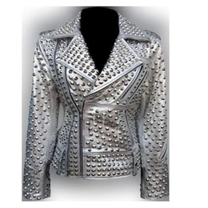 Handmade Women Motorcycle Silver Studded Double Zipper Genuine Leather Jacket - Picture 1 of 6