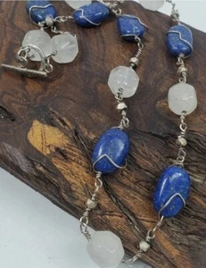 Rare Gorgeous 13 pc Gemstone Necklace ½" Quartz & ⅝" Lapis Metal Wire Wrapped - Picture 1 of 9