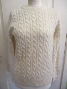 BNWT TU SIZE 8 WOMENS CREAM ARAN JUMPER - WOOL BLEND - PEARL BEADED SLEEVES - Picture 1 of 6