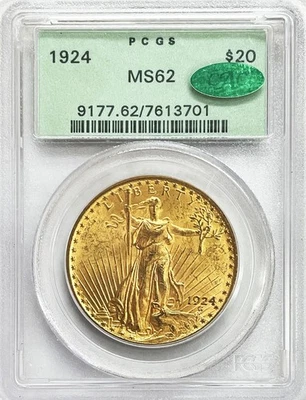 MONEDA DOBLE ÁGUILA SAN GAUDENS ORO 1924 EE. UU. GRADUACIÓN PROFESIONAL ESTADO COMO NUEVO 62 CAC Foto 1 de 2