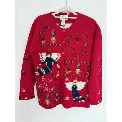 Vintage Quacker Factory Christmas Angel Sweater Cardigan Red Medium Cottagecore - Image 1 of 4