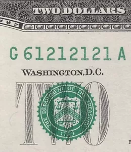 $2 2017 Fancy Serial Number G61212121A - RARE Repeat Serial - Picture 1 of 6