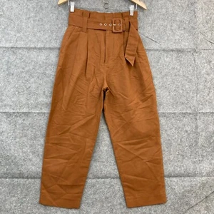 Zara Pants Womens XS Extra Small Brown High Waist Belt Linen Cotton Pockets - Picture 1 of 12