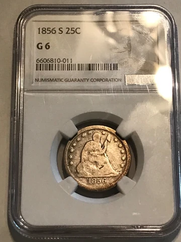 1856-s Seated Liberty Quarter,  NGC, G-6 ,scarce date Cover