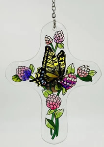 Stained Glass Cross With Butterfly Flowers Suncatcher Garden Spring - Picture 1 of 5