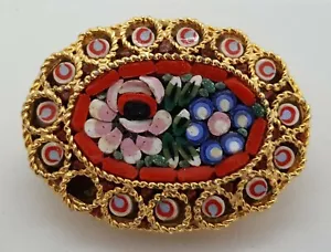 Broche ovalado antiguo Art Deco vintage micro mosaico italiano de metal dorado y rojo A - Imagen 1 de 6