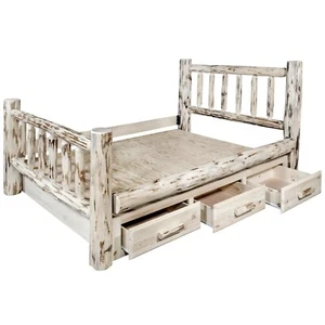 QUEEN LOG STORAGE Bed with Drawers Rustic Amish Made Beds Lodge Cabin - Picture 1 of 9