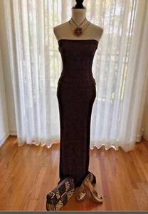 Sole Mio Womens 2PC Outfit Set Brown Knit Shimmery Top Skirt Long Gown Dress M - Picture 1 of 24