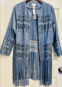 NEW NWT Chico’s Faux Suede Open Jacket Fringe Lace Lattice Pieced Blue Size 1 - Picture 1 of 3