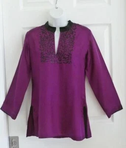 Roberta Freymann 100% Silk Purple w/Black Hand Embroidered/Sequined Tunic XS EUC - Picture 1 of 12