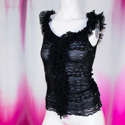 Camiseta sin mangas ROMY negra de encaje con ribete blanco de poliéster geométrico para mujer con volantes talla M Foto 1 de 4