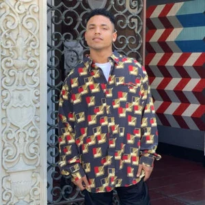 Men's Pelle Pelle All Over Dk Grey | Red | Yellow Squared Button Down Shirt NWT - Picture 1 of 5