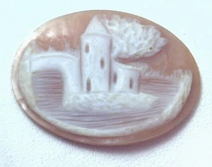 NOS antike handgeschnitzte ovale Muschelkamee Stein Haus & Baum Szene #N428 - Bild 1 von 2