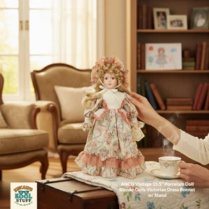 ANCO Vintage 15,5" Porzellanpuppe blonde Locken viktorianisches Kleid Haube mit Ständer - Bild 1 von 8